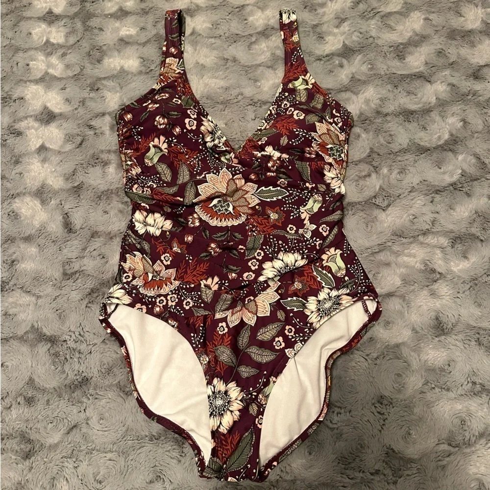 Anne Cole Size 10 20M0033 Wine Floral Print Boho Flattering One Piece Swimsuit - Picture 7 of 11